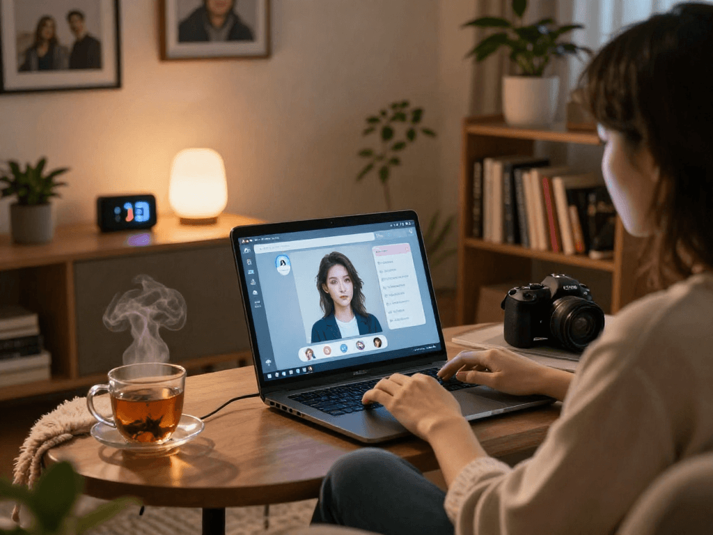 Engaging in AI sex chat on a laptop, showcasing cozy living room ambiance, a personal and inviting atmosphere.