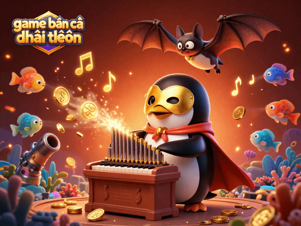Engage in game bắn cá đổi thưởng with dynamic underwater elements, showcasing a vibrant penguin and acrobat.