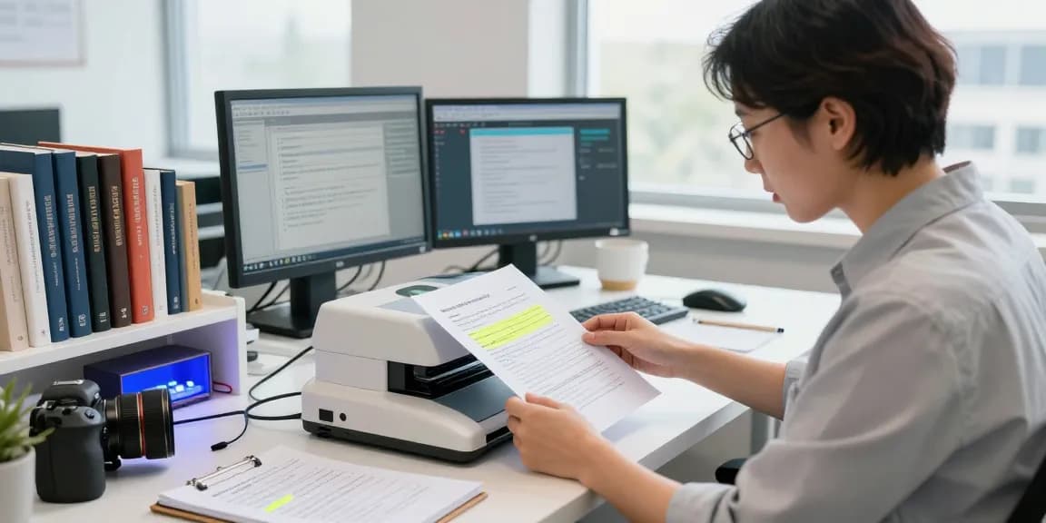 Workspace for document fraud detection with an analyst examining suspicious documents under bright lighting.