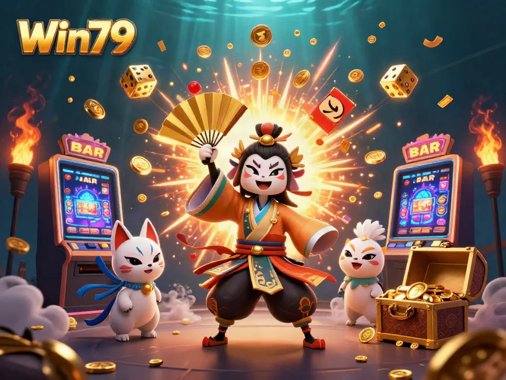 Win79 jackpot explosion scene with kabuki warrior, kitsune mask, and casino elements