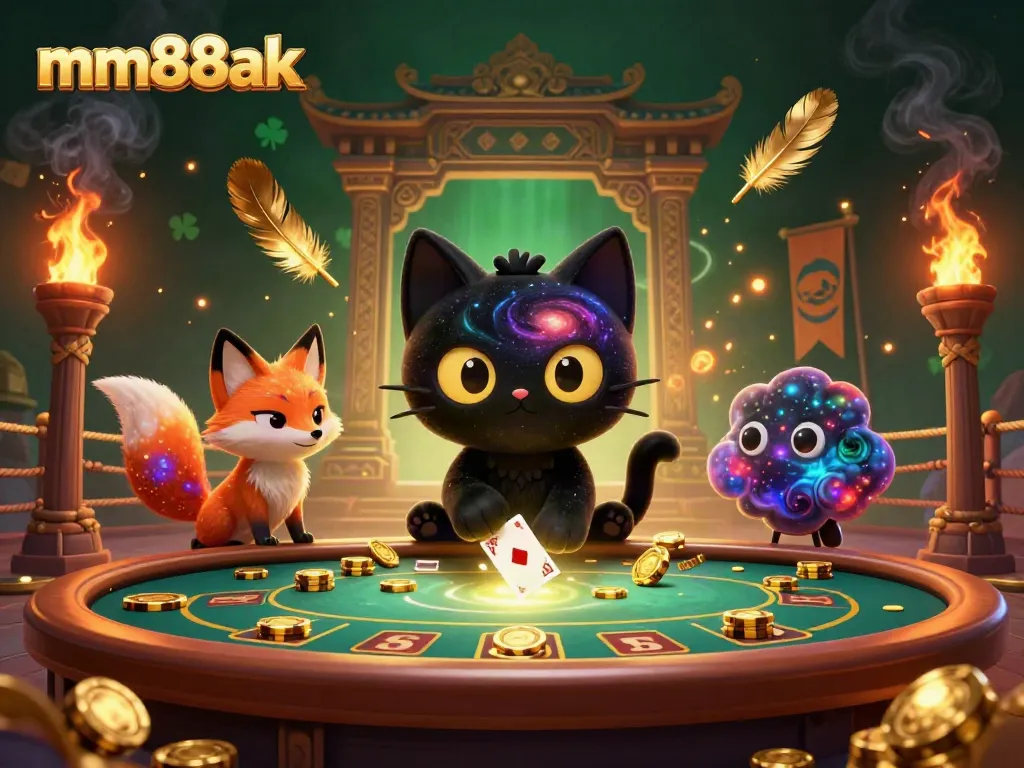 Engage in thrilling games at mm88ak, featuring vibrant cosmic casino characters and dynamic surroundings.