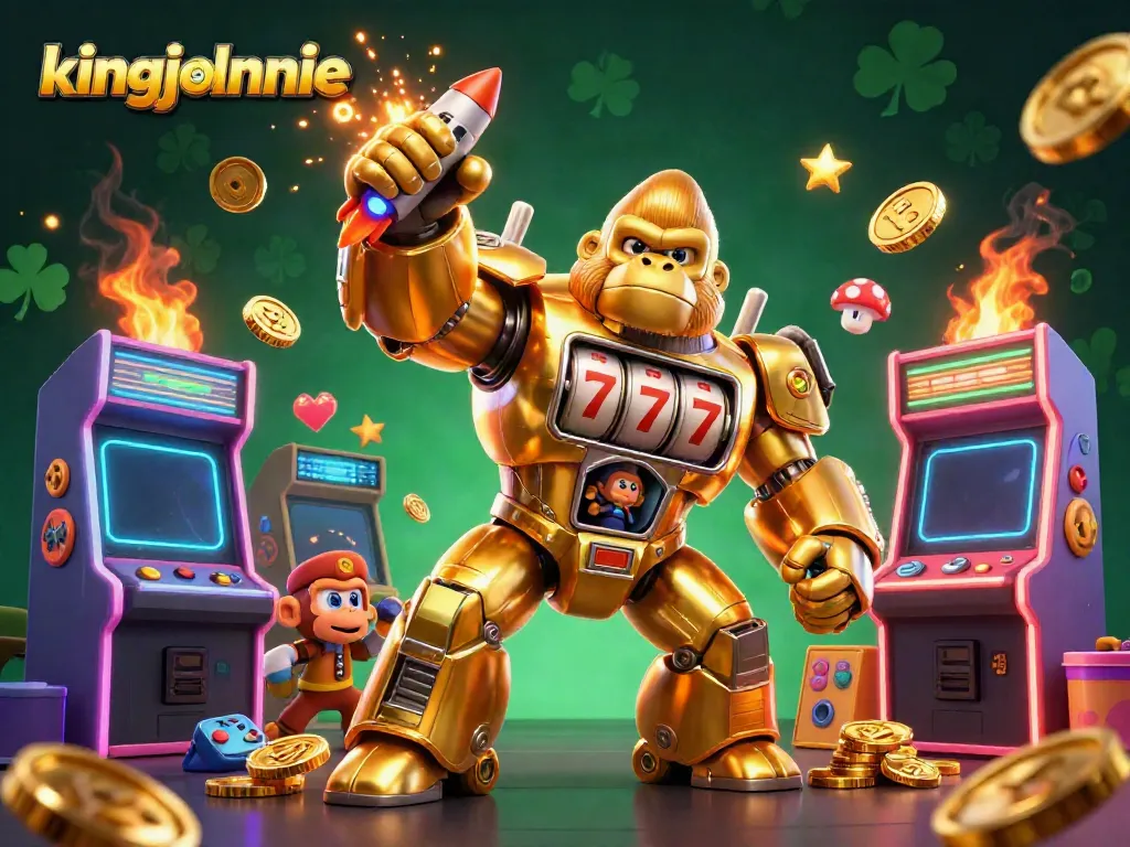 Experience thrilling gameplay with kingjohnnie's golden gorilla mech and arcade gaming elements bursting with excitement.
