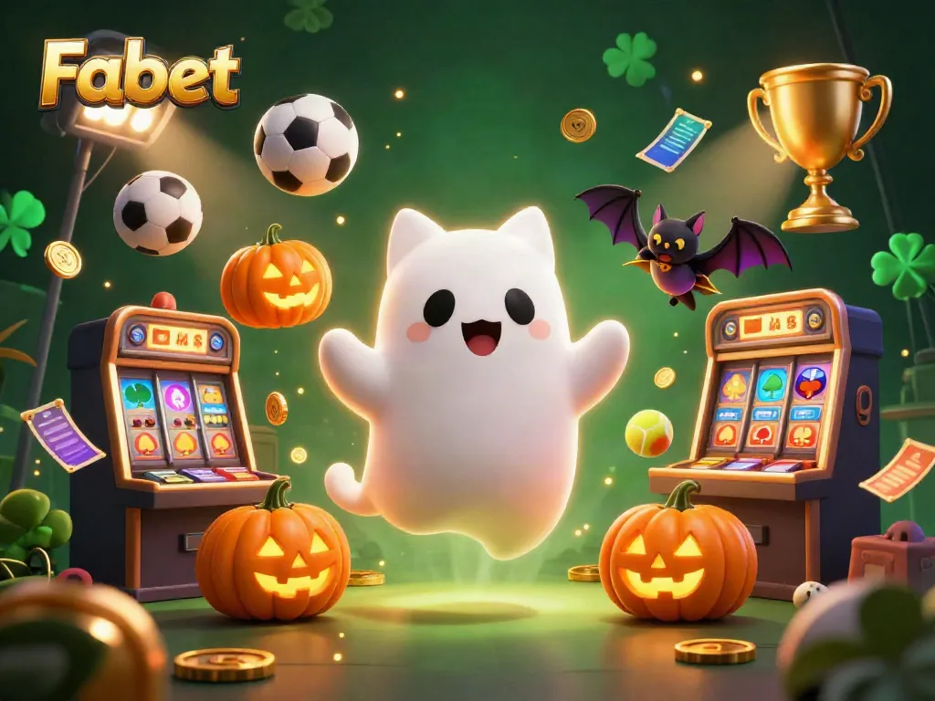 Experience thrilling gameplay with Fabet’s animated ghost cat and vampire bat in a vibrant casino.