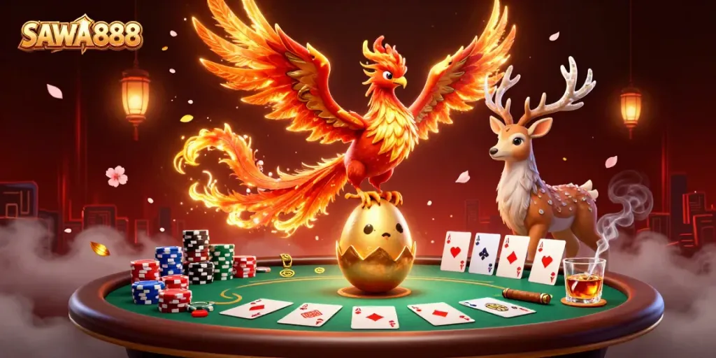 Experience the excitement of SAWA888 with vibrant casino elements in an ultra-detailed illustration.