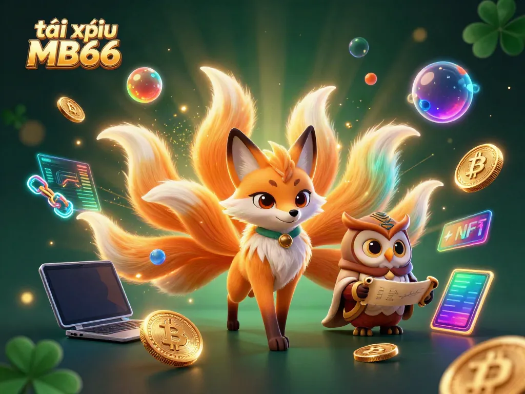 Experience the excitement of tài xỉu MB66 in this vibrant 3D scene featuring spirit characters and crypto symbols.