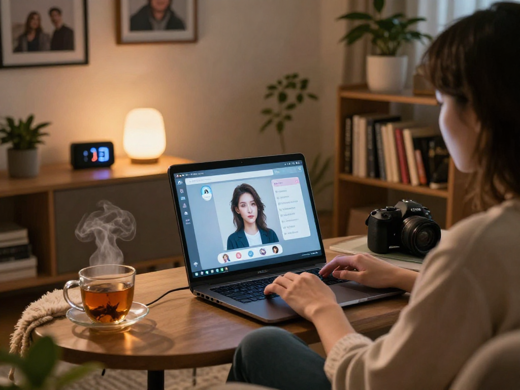 Engaging in AI sex chat on a laptop, showcasing cozy living room ambiance, a personal and inviting atmosphere.