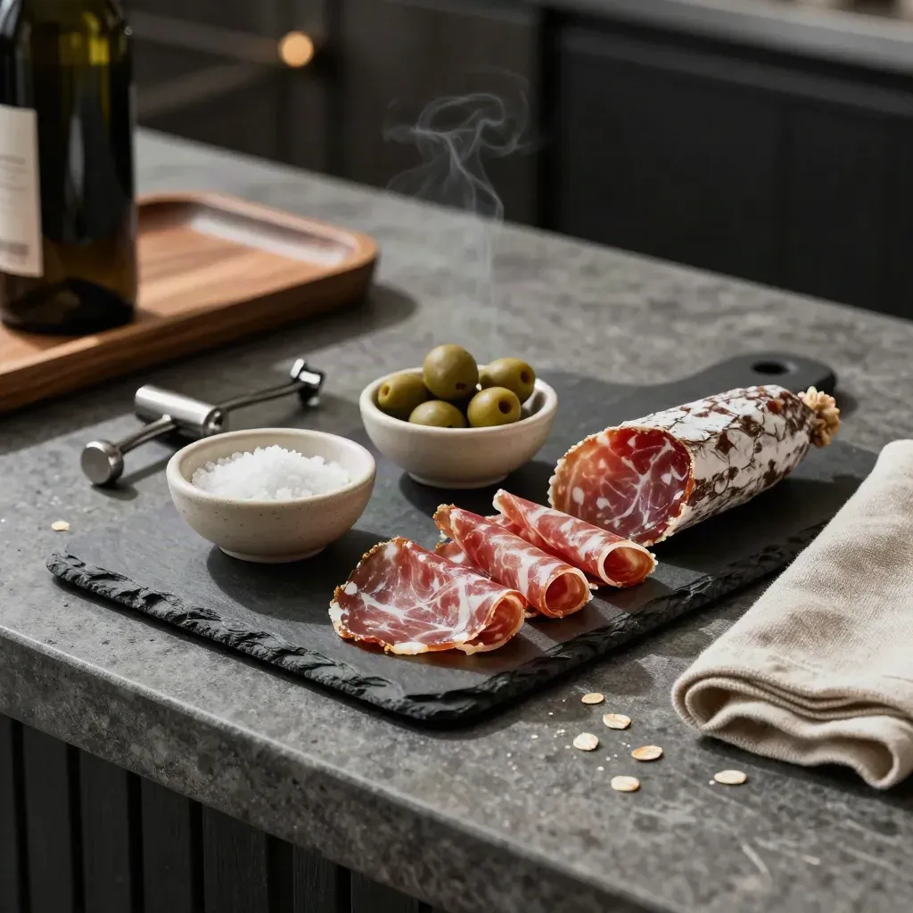 Angolo enoteca con tagliere in ardesia, coppette grezze, cavatappi e lino piegato su pietra scura.