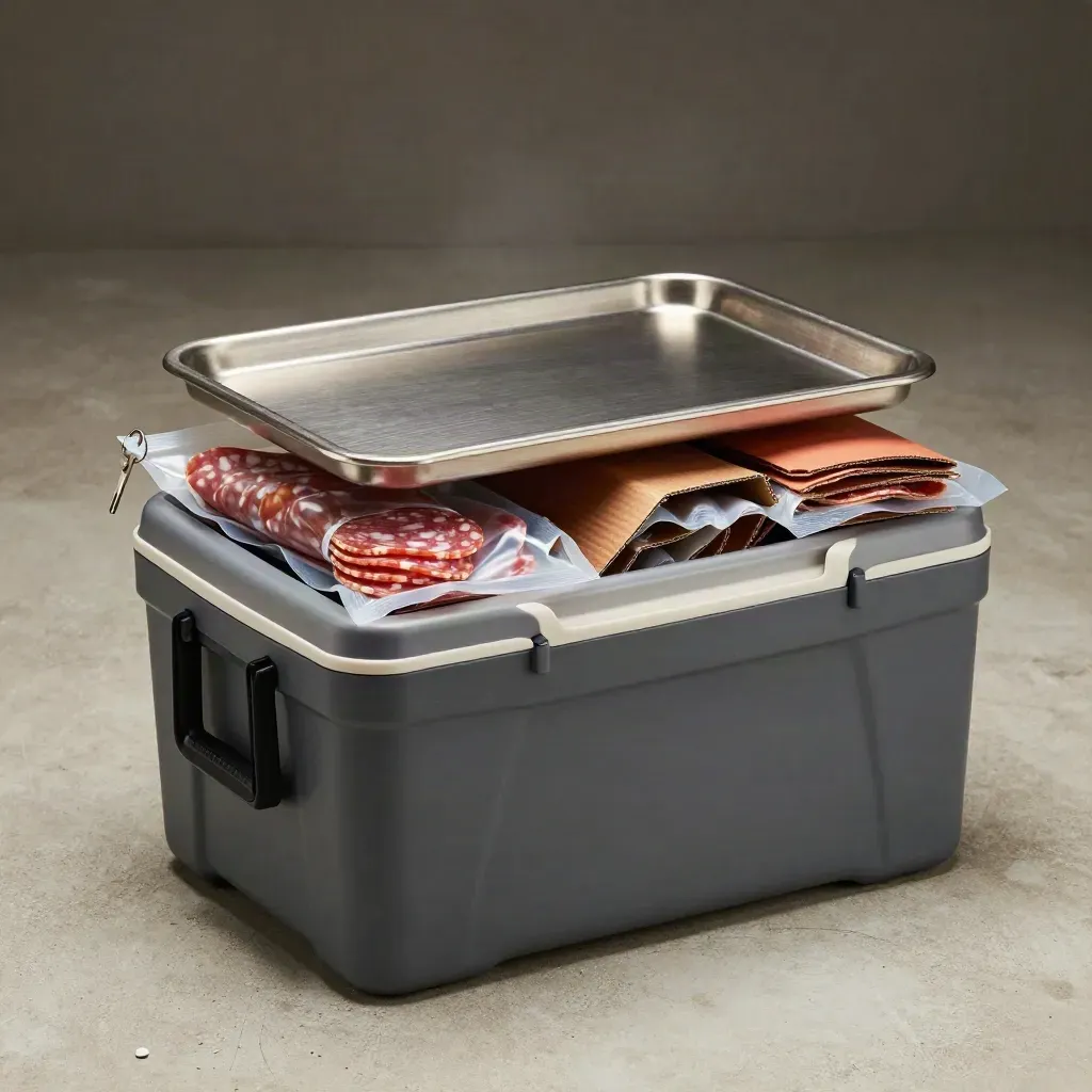 Contenitore isotermico da catering con vaschette GN, gel pack e salumi sottovuoto su cemento freddo.