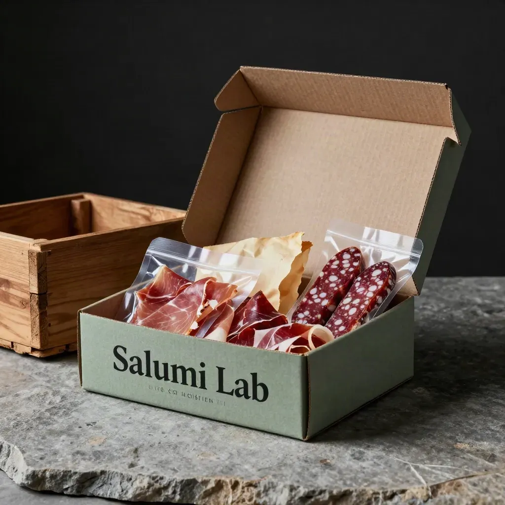 Box degustazione di salumi con prosciutto, coppa, pancetta e salami su pietra e legno.