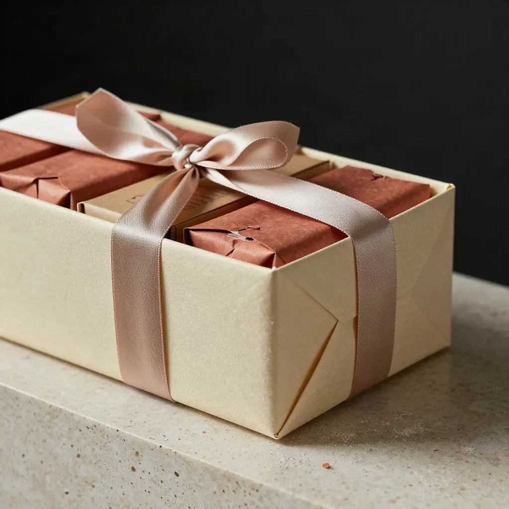 Cesto regalo rigido con divisori, velina e box interni su fondo nero vellutato.