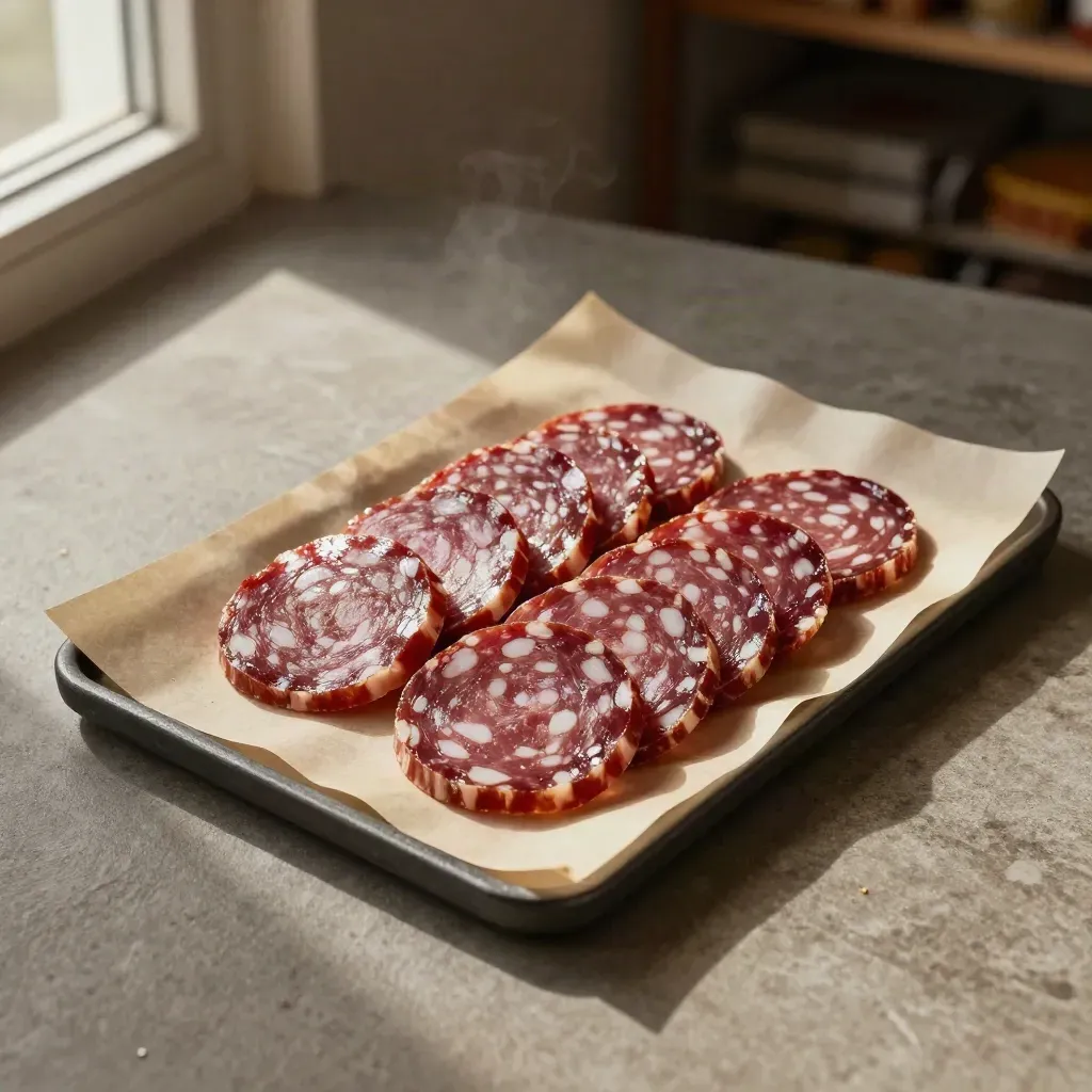 Vaschetta di fette di salame su vassoio grafite e carta, ripresa dall’alto su pietra grigia.