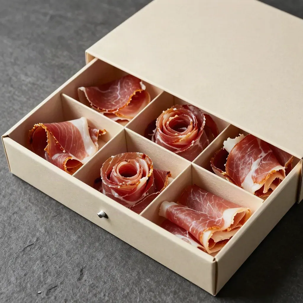 Box degustazione aperta con tre micro-vassoi di salumi su pietra grafite, luce soffusa.