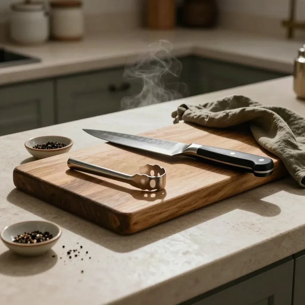 tagliere con coltello, pinza da servizio e pepe nero su piano cucina