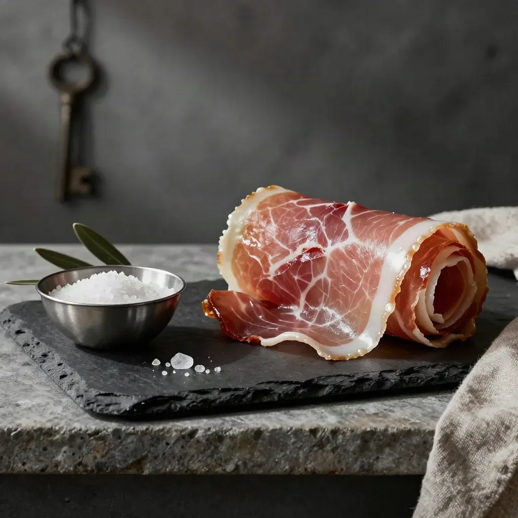Prosciutto crudo arrotolato su ardesia con ciotola d’acciaio e cristalli di sale.