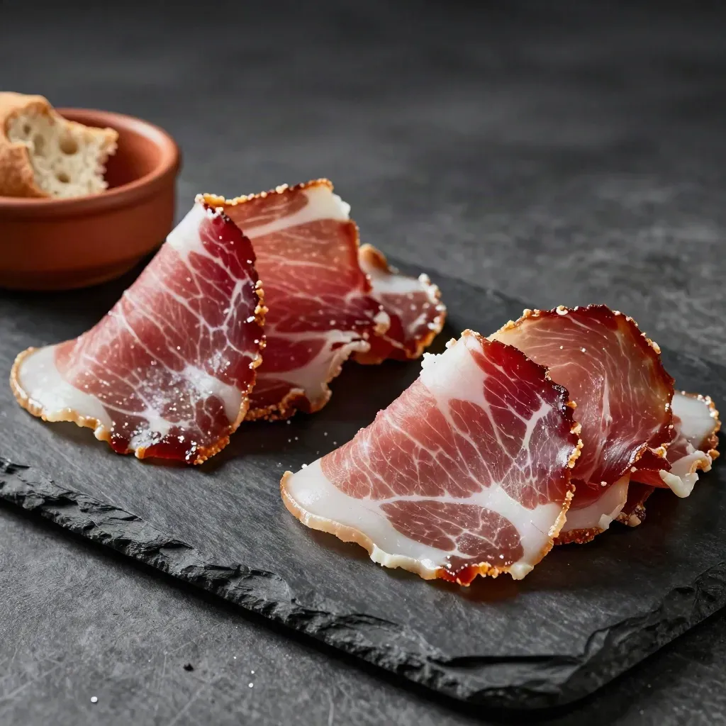 Coppa e pancetta a fette spesse su pietra scura, con luce morbida dall’alto.