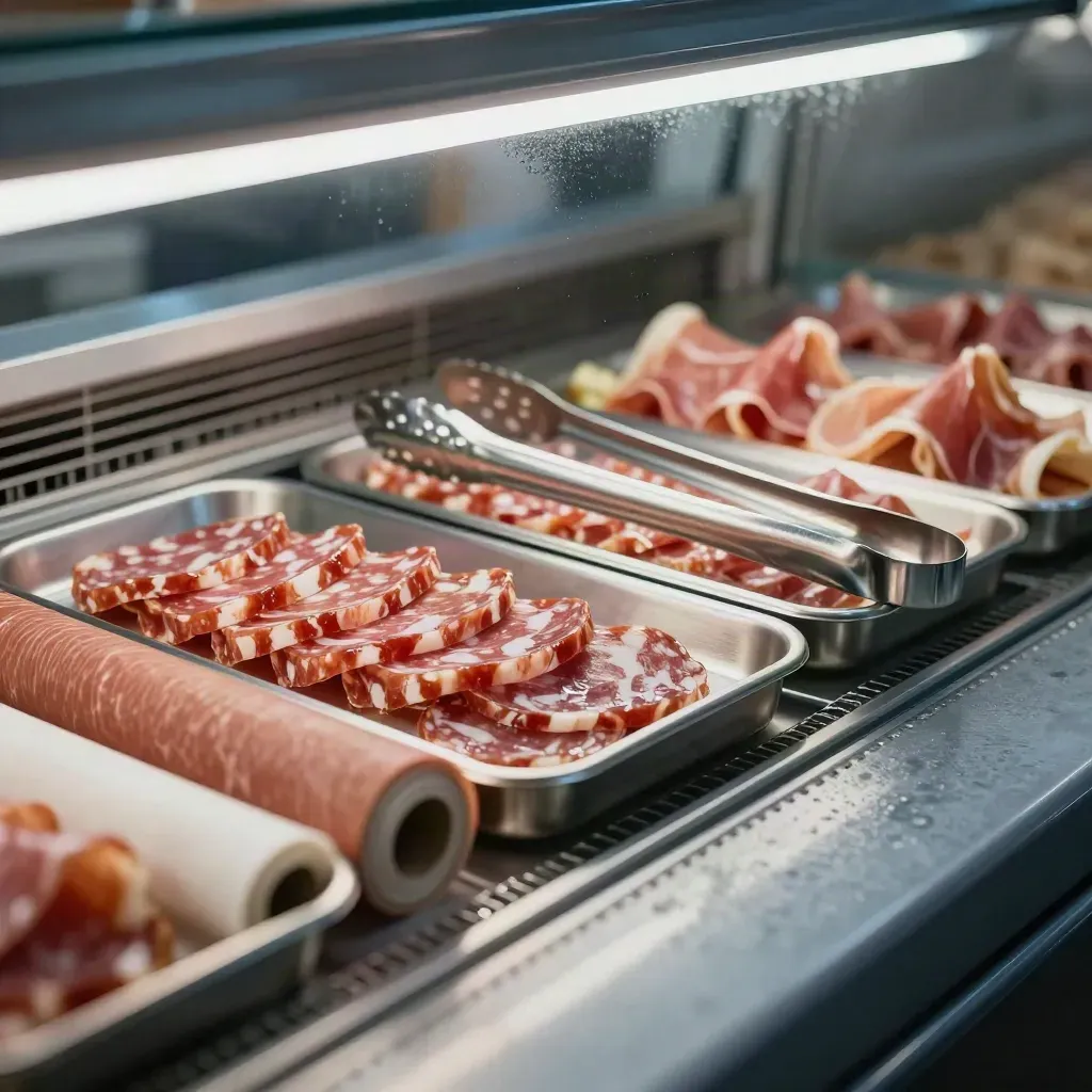 Banco frigo gastro con vaschette GN, pinze e carta alimentare in esposizione