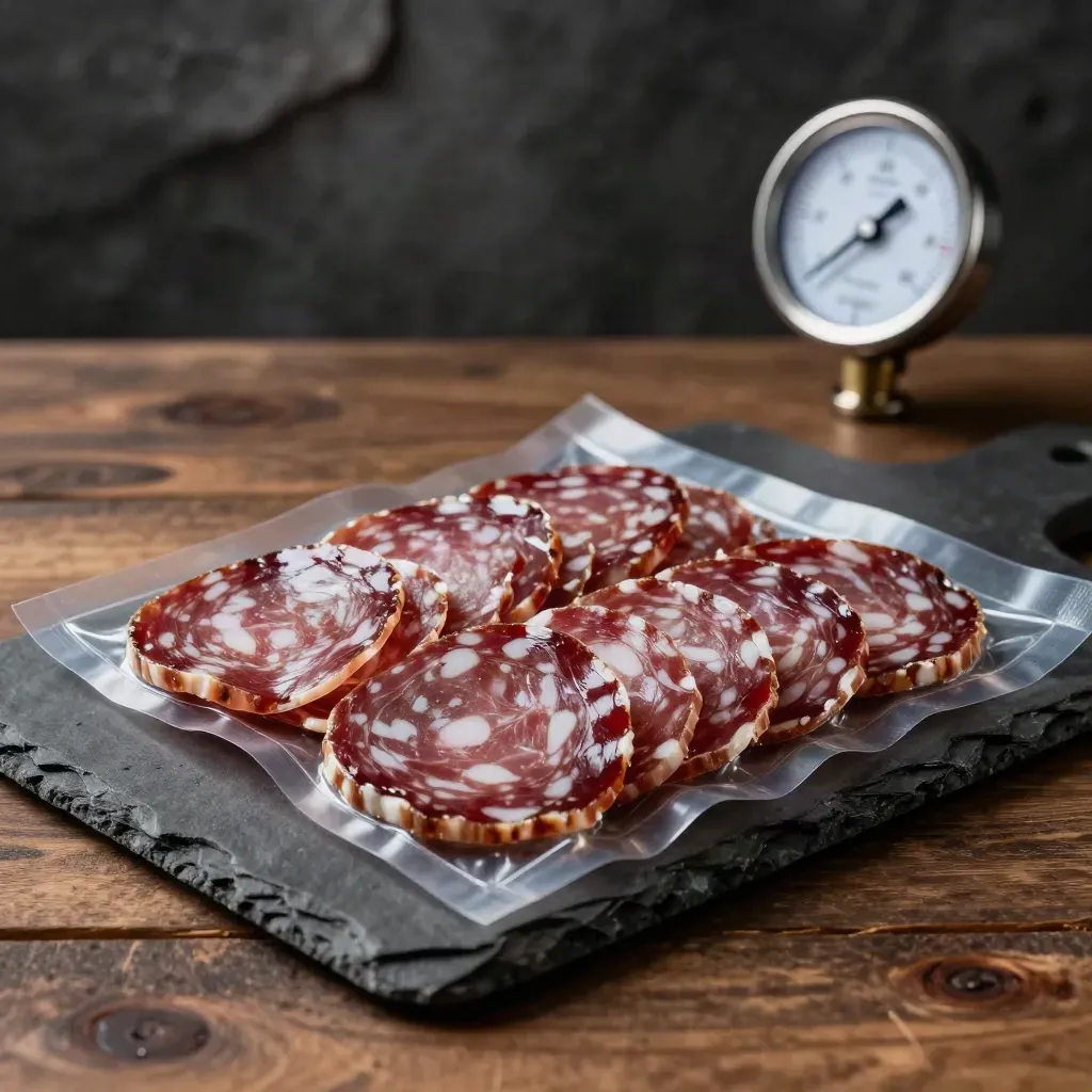 Salumi sottovuoto su ardesia con termometro da cantina in una dispensa fredda e scura.