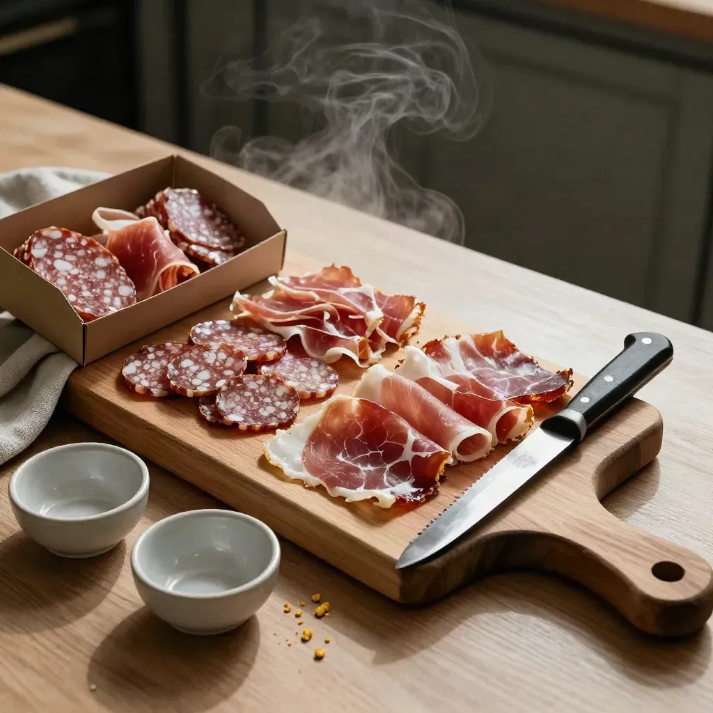 Box famiglia di salumi con tagliere, coltello da pane e ciotoline su piano di cucina