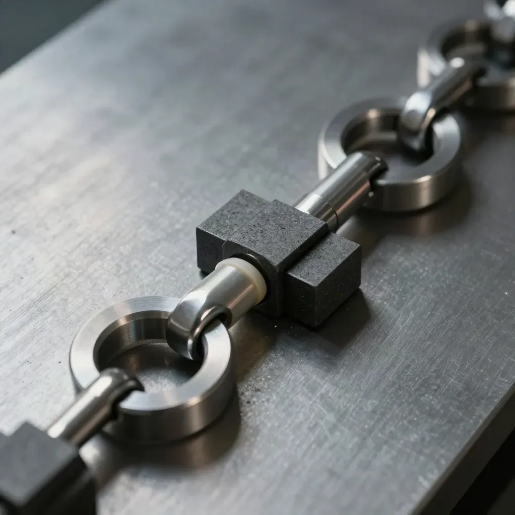 Anelli metallici e moduli grigi in diagonale su lamiera opaca, con polvere metallica e luce radente.