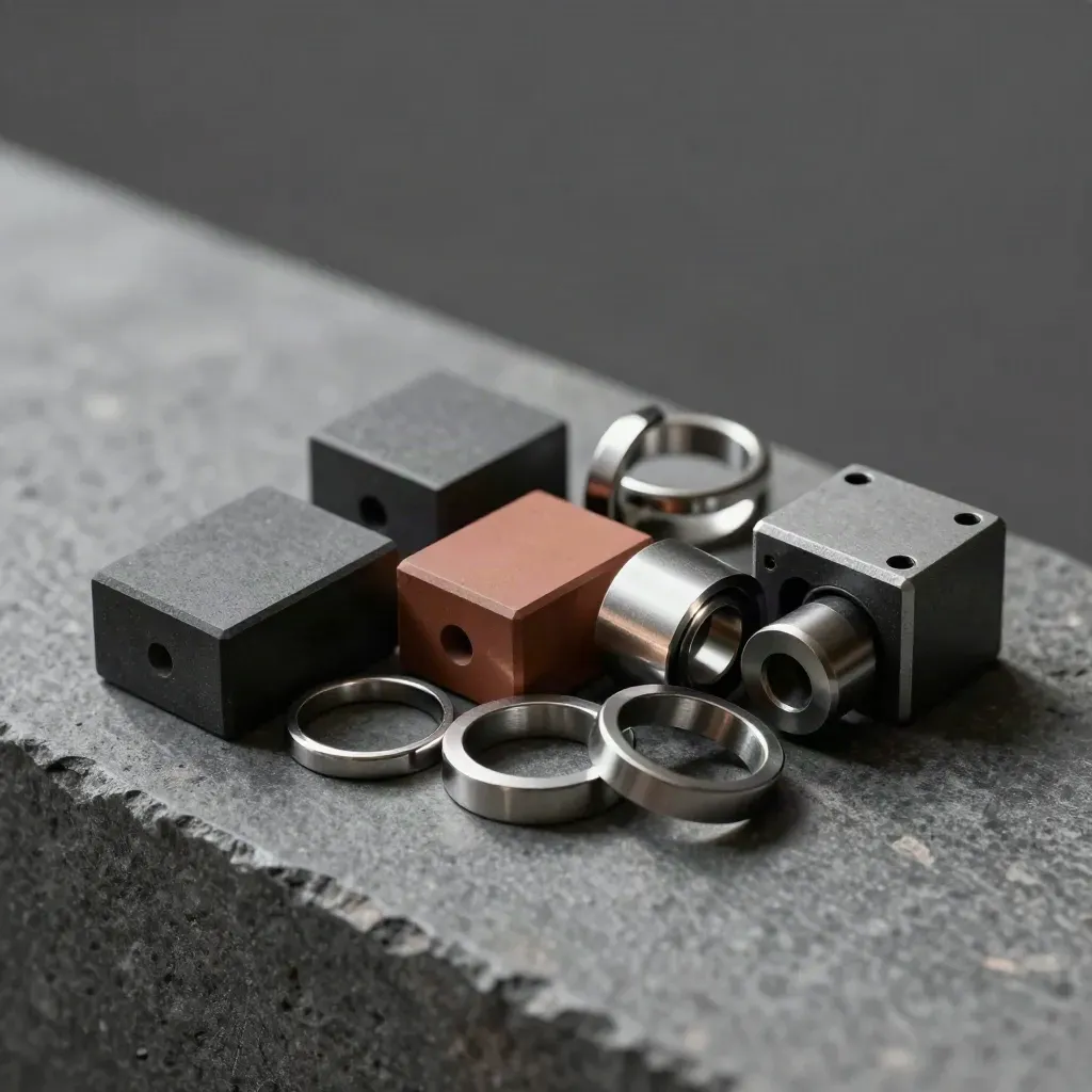 Blocchi di connessione e anelli lucidi su pietra spazzolata, con luce morbida e ombre calde.