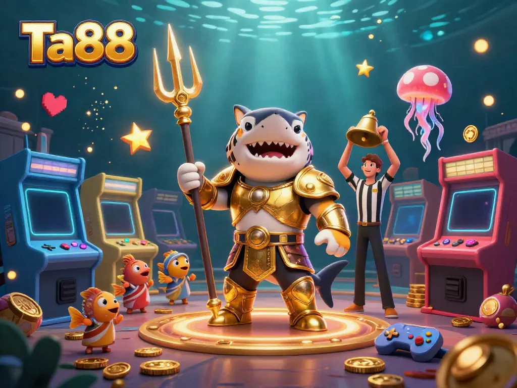 Experience the thrill of Ta88 with a fierce tiger shark in an arcade-themed underwater colosseum.