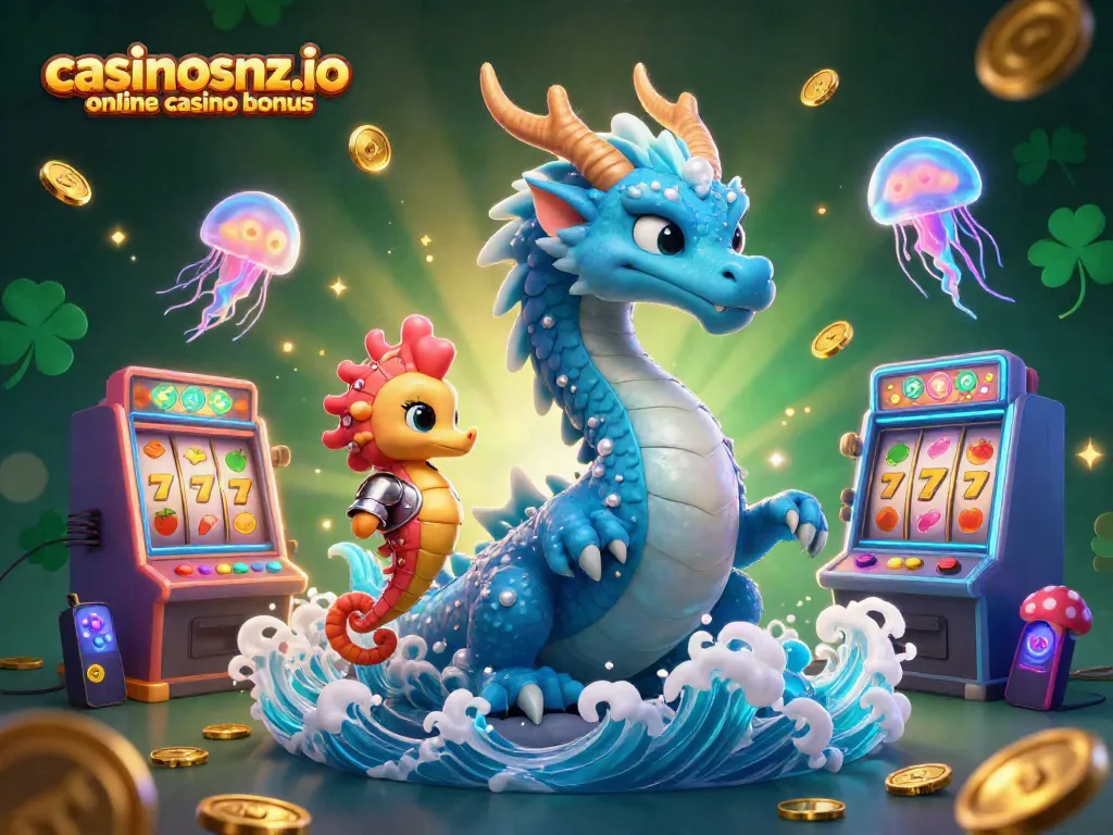 Experience the thrill of casinosnz.io online casino bonus with a vibrant dragon, knight, and glowing jellyfish.