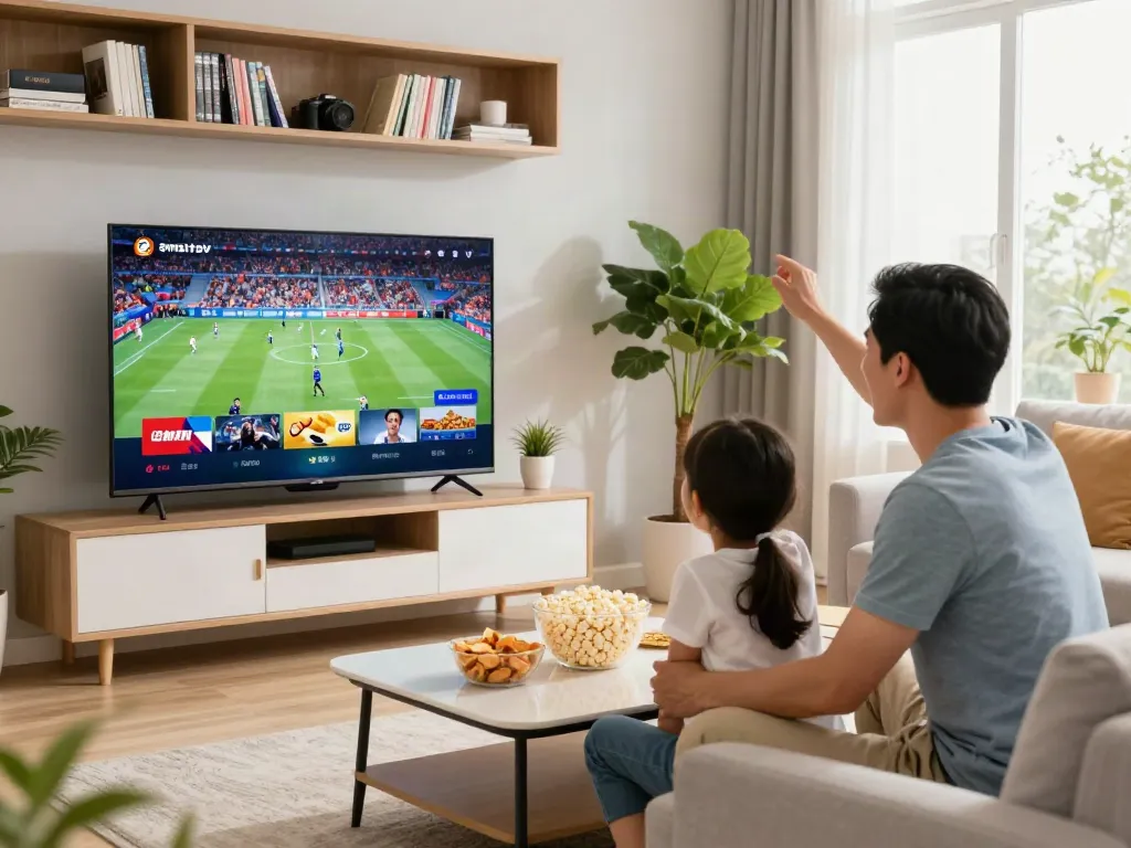 A family enjoying IPTV Italia live sports in a cozy living room setting.