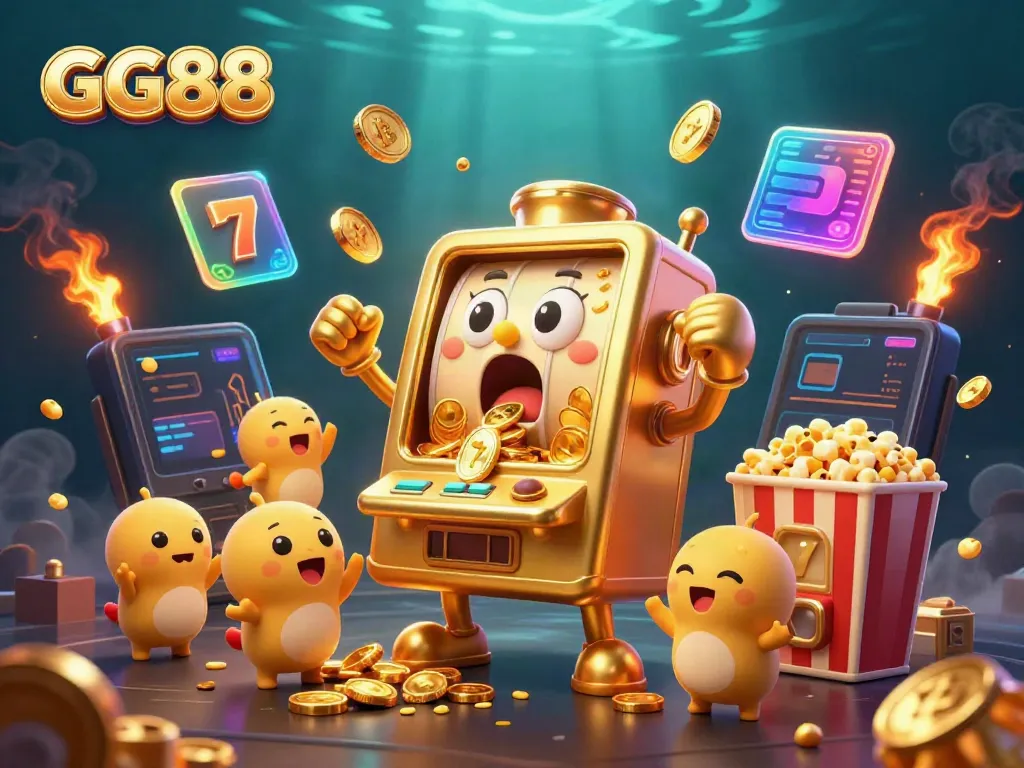 GG88 slot machine hits a jackpot, surrounded by cheering mini slots and gold coins.