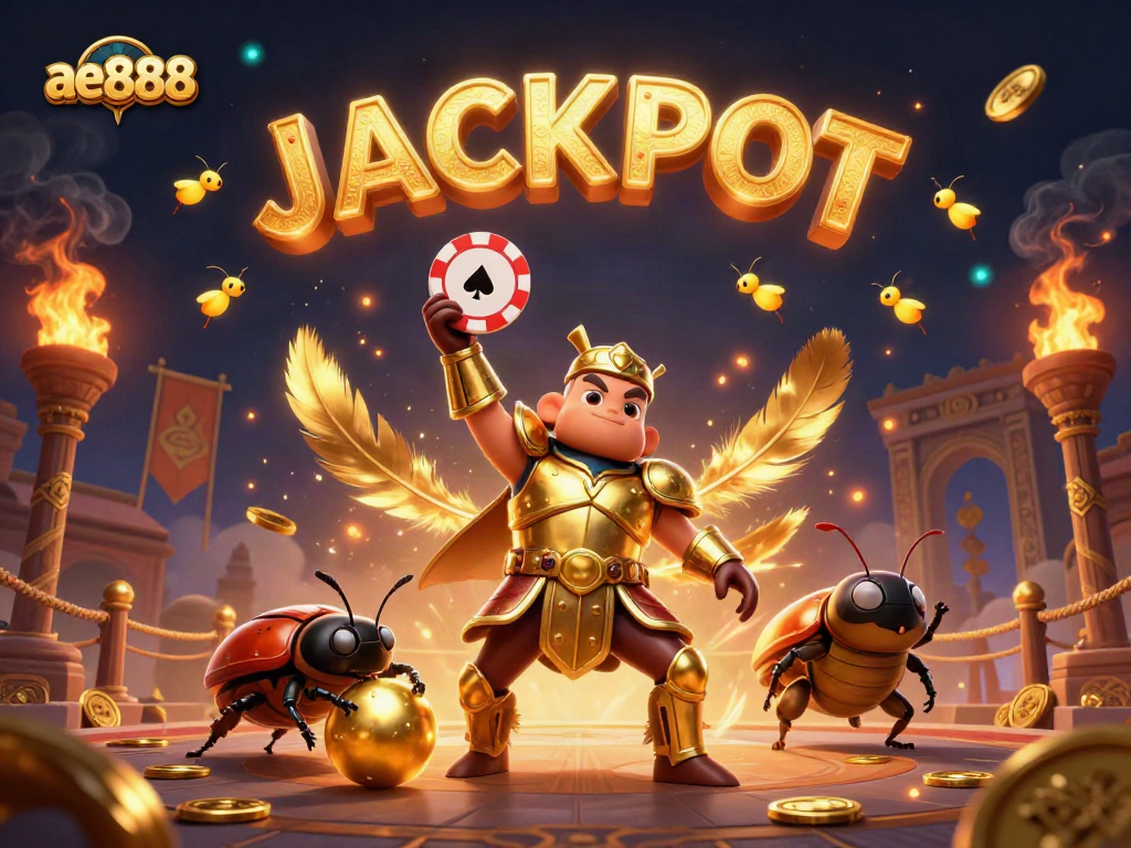ae888 victorious beetle lifts poker chip amidst casino celebration and glowing fireflies