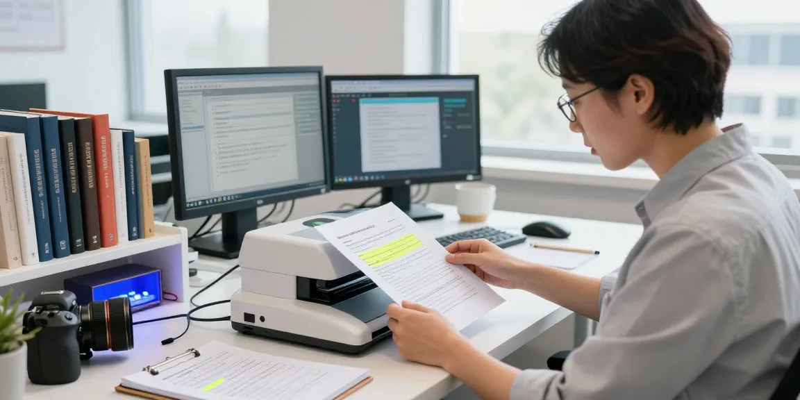 Workspace for document fraud detection with an analyst examining suspicious documents under bright lighting.
