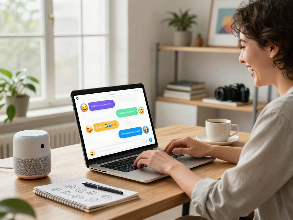 Engaging user in friendly ai nsfw chat on a modern laptop, showcasing playful interaction and cozy home office.
